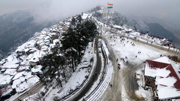An aerial view of a snow covered city and Ridge after Shimla received a second spell of snow. (Deepak Sansta/HT Photo) An aerial view of a snow covered city and Ridge after Shimla received a second spell of snow. (Deepak Sansta/HT Photo)
