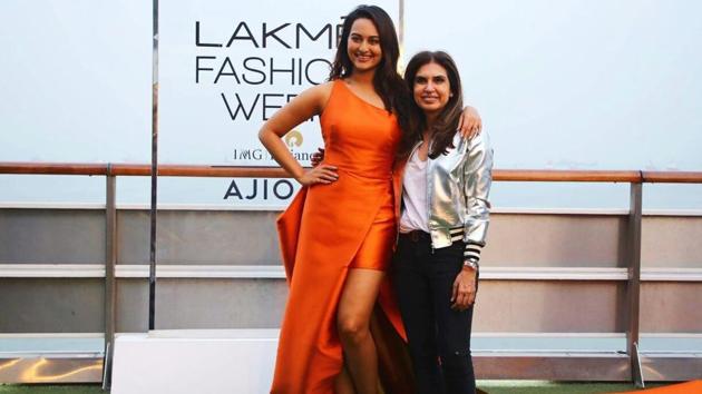 Sonakshi with designer Monisha Jaising after the show. (IANS) Sonakshi with designer Monisha Jaising after the show. (IANS)