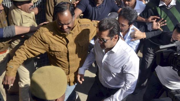 Salman Khan at Jodhpur court after being acquitted in the Arms Act violation case. (Ramji Vyas/HT Photo) Salman Khan at Jodhpur court after being acquitted in the Arms Act violation case. (Ramji Vyas/HT Photo)