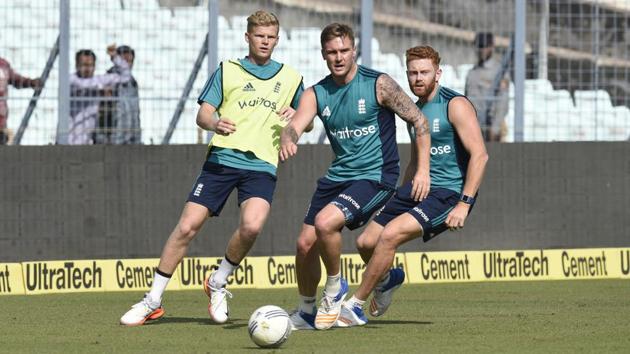 England cricket team players during a training session a day before the 3rd ODI match between India and England at Eden Gardens in Kolkata. (HT Photo/Prateek Choudhury)