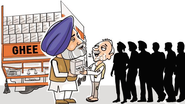 Akali Dal on Saturday dangled more poll doles. Sukhbir Badal, the dream merchant of the Akali Dal, promised that old age pension will be increased to Rs 2,000 per month and Shagun scheme from Rs 15,000 to Rs 51,000.(Illustration by Daljeet Kaur Sandhu/HT)