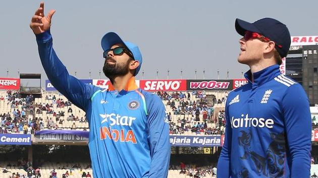 Indian skipper Virat Kohli and England captain Eoin Morgan Captain of England during the toss. (BCCI) 