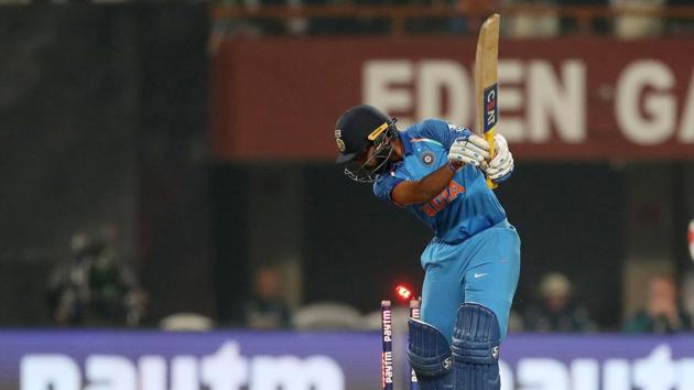 Ajinkya Rahane is bowled by David Willey of England during the third One Day International (ODI) between India and England. (BCCI) 