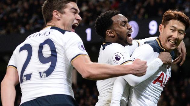 Tottenham Hotspur's South Korean striker Son Heung-Min (R) celebrates with midfielder Harry Winks (L) and defender Danny Rose (C) after scoring their second goal during the English Premier League match against Manchester City at the Etihad Stadium in Manchester. (AFP) Tottenham Hotspur's South Korean striker Son Heung-Min (R) celebrates with midfielder Harry Winks (L) and defender Danny Rose (C) after scoring their second goal during the English Premier League match against Manchester City at the Etihad Stadium in Manchester. (AFP)