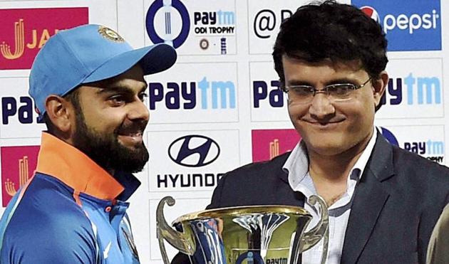 India captain Virat Kohli receives the ODI series winner’s trophy from Sourav Ganguly at the Eden Gardens in Kolkata. (PTI) India captain Virat Kohli receives the ODI series winner’s trophy from Sourav Ganguly at the Eden Gardens in Kolkata. (PTI)