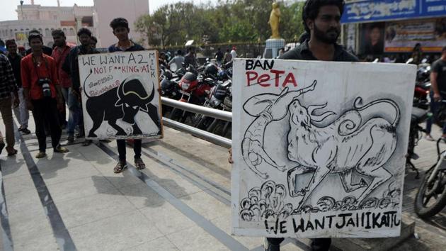 Protesters carry placards during a demonstration against the ban on the Jallikattu. (AFP Photo) Protesters carry placards during a demonstration against the ban on the Jallikattu. (AFP Photo)