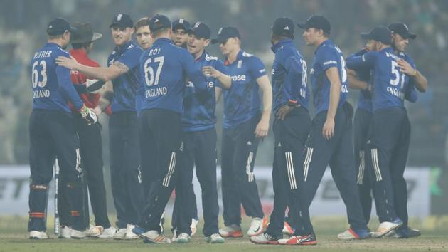 England team celebrates after wining their third one day international cricket match against India at Eden Gardens in Kolkata. (AP) England team celebrates after wining their third one day international cricket match against India at Eden Gardens in Kolkata. (AP)