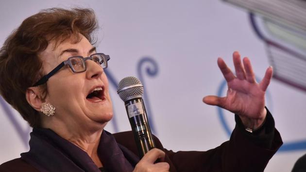 Linda Colley speaks during a session on Brexit on Saturday. (Saumya Khandelwal/HT PHOTO)