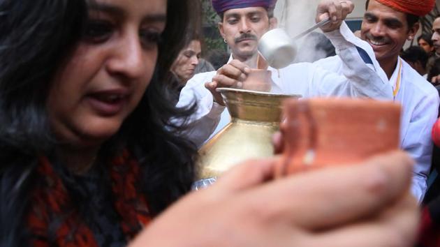 Tea served in kulhads from Pushkar was a big hit with book lovers at the festival on Saturday. (Himanshu vyas/ht photo)