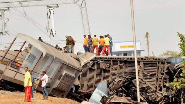 The mangled remains of Hirakhand Express which derailed near Kuneru station in Vizianagaram, Andra Pradesh. (PTI Photo) The mangled remains of Hirakhand Express which derailed near Kuneru station in Vizianagaram, Andra Pradesh. (PTI Photo)