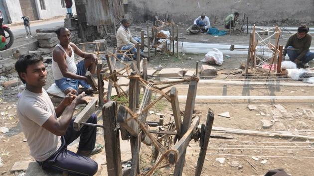 A spinner at work at Charkha Maidan in Shivpura(HT Photo)
