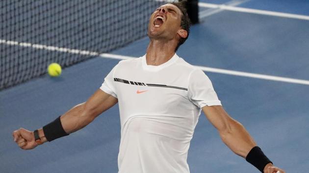 Rafael Nadal celebrates after defeating France's Gael Monfils in their fourth round match at the Australian Open. (AP) Rafael Nadal celebrates after defeating France's Gael Monfils in their fourth round match at the Australian Open. (AP)