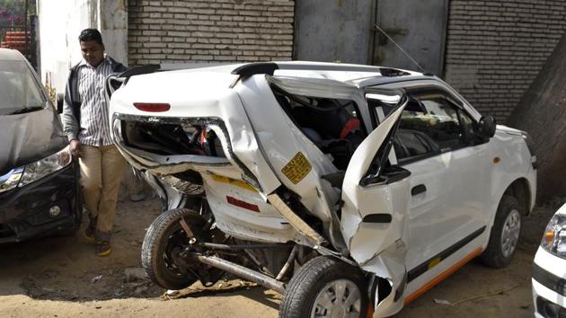 The damaged WagonR car which Nazrul Islam, the victim, was driving on Sunday night.(Sushil Kumar/HT PHOTO)