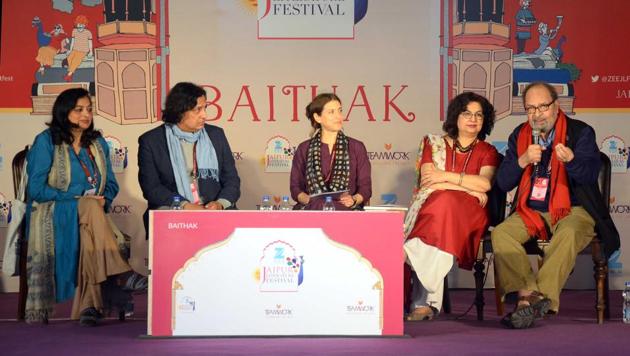 Panelists Qaisra Shahraz, Saeed Naqvi, Sadia Dehlvi and Tabish Khair in conversation with Ornit Shani during the session, Being the Other, at the Jaipur Literature Festival on Monday.(Prabhakar Sharma/HT Photo)