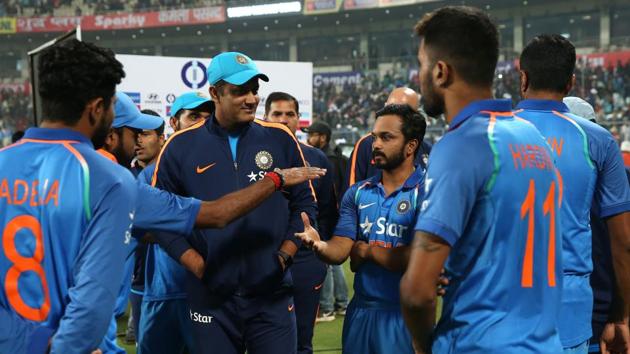 India cricket team players celebrate the victory with head coach Anil Kumble. (BCCI) 