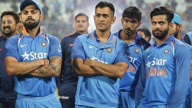 Virat Kohli, Mahendra Singh Dhoni and Ravindra Jadeja at the post-match presentation at Eden Gardens. (BCCI) 
