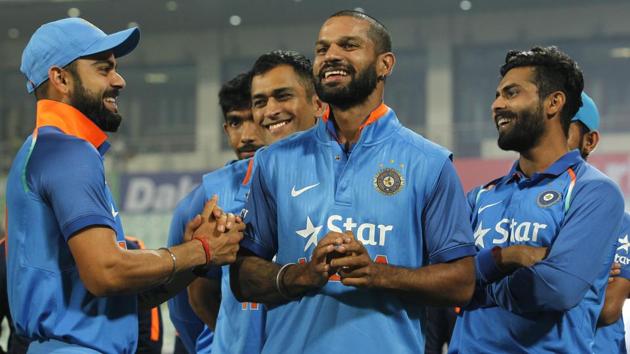 Virat Kohli, Mahendra Singh Dhoni, Shikhar Dhawan and Ravindra Jadeja share a light moment at Eden Gardens. (BCCI) 