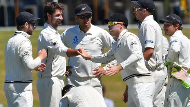New Zealand cricket team players celebrate after getting the wicket of Bangladesh cricket team's Soumya Sarkar during the second Test at Hagley Park Oval in Christchurch on Monday (AFP) New Zealand cricket team players celebrate after getting the wicket of Bangladesh cricket team's Soumya Sarkar during the second Test at Hagley Park Oval in Christchurch on Monday (AFP)