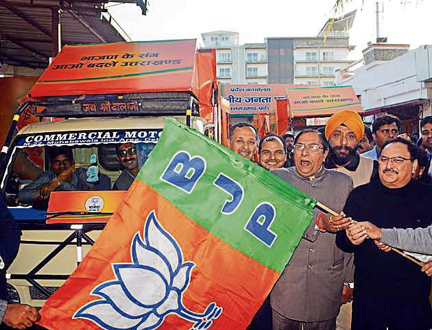 Union minister J P Nadda flags off party raths from BJP office in Dehradun on Monday. (HT PHOTO) Union minister J P Nadda flags off party raths from BJP office in Dehradun on Monday. (HT PHOTO)