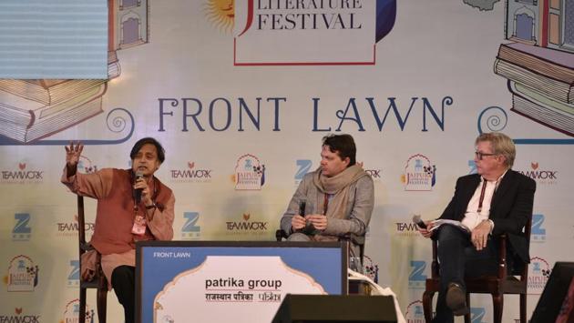 (L to R) Shashi Tharoor, John Wilson, Micheal Dwyer speak during ‘Remembering the Raj’ session. (Saumya Khandelwal/HT PHOTO)