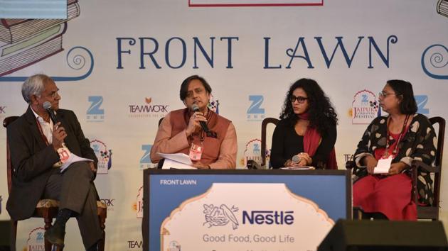 (L to R) Second from Left, Shashi Tharoor, Nandana Sen, Ruchira Gupta speak during the session ‘Nanhi Kali: Nutrition and the Girl Child’. (Saumya Khandelwal/HT PHOTO)