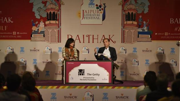 (L to R) Pragya Tiwari, Sunil Khilnani speak at ‘Incarnations’ session. (Saumya Khandelwal/HT PHOTO)