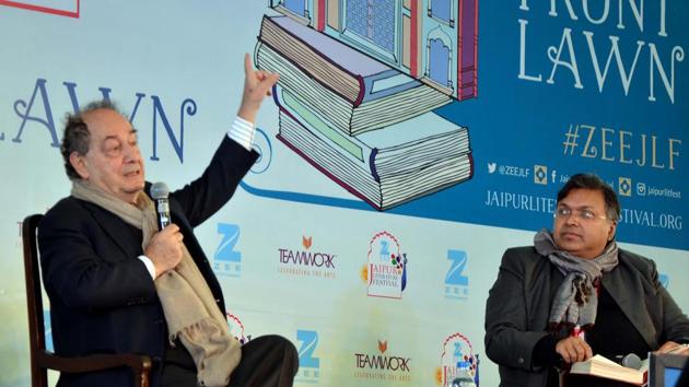 Roberto Calasso in conversation with Devdutt Pattanaik during the session 'Ardor: On the Vedas’. (Prabhakar Sharma/HT Photo)