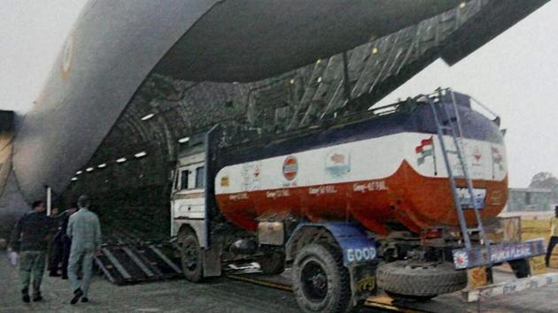 Tanker being loaded in an IAF aircraft for Manipur, in New Delhi on Monday. (PTI photo) Tanker being loaded in an IAF aircraft for Manipur, in New Delhi on Monday. (PTI photo)
