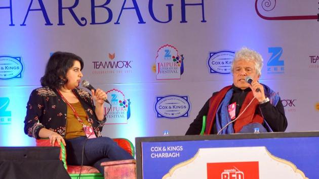 Mallika Dua in conversation with Suhel Seth during the session 'Mallika Dua: #nofilter’ at JLF 2017. (Prabhakar Sharma/HT Photo)