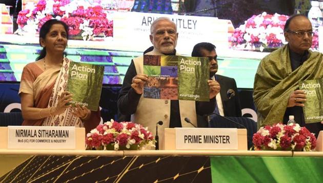 Prime Minister Narendra Modi (C), finance minister Arun Jaitley (R) and minister of states for independent charge, Nirmala Sethuraman releasing the action plan at the launch of Startup India in 2016. (HT File Photo) Prime Minister Narendra Modi (C), finance minister Arun Jaitley (R) and minister of states for independent charge, Nirmala Sethuraman releasing the action plan at the launch of Startup India in 2016. (HT File Photo)