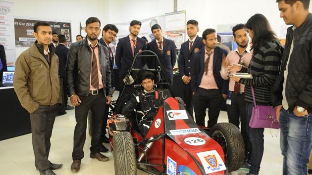 A formula 1 car, designed and developed by the students of Ambalika Institute, was the star attraction of the event. (Deepak Gupta/HT photo) A formula 1 car, designed and developed by the students of Ambalika Institute, was the star attraction of the event. (Deepak Gupta/HT photo)