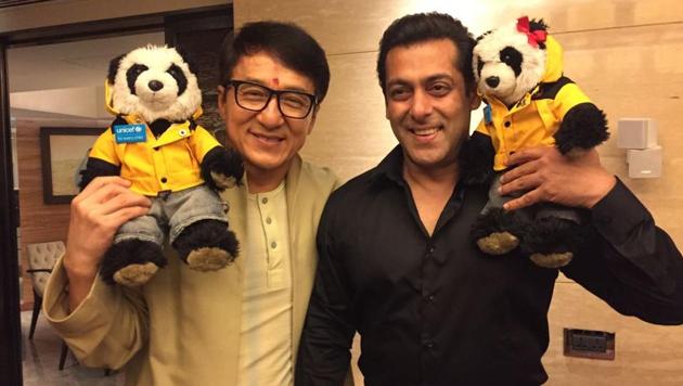 Actor Jackie Chan poses with Salman Khan in Mumbai. The Hong Kong star is in town to promote his new film Kung Fu Yoga. (PRATwitter)
