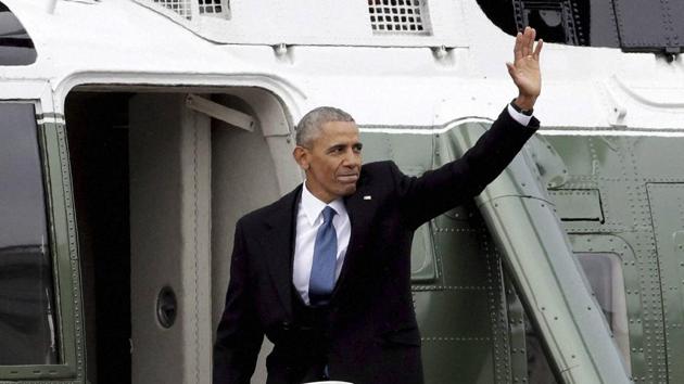 Former president Barack Obama waves as he boards a marine helicopter during a departure ceremony on the East Front of the US Capitol in Washington on Jan 20, 2017, after President Donald Trump was inaugurated. (AP) Former president Barack Obama waves as he boards a marine helicopter during a departure ceremony on the East Front of the US Capitol in Washington on Jan 20, 2017, after President Donald Trump was inaugurated. (AP)
