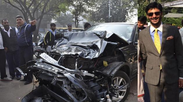 Shoaib Kohli right and the BMW car which crashed into a WagonR cab near IIT Flyover in South Delhi on Sunday night. The cab driver died. (Sushil Kumar/HT Photo) Shoaib Kohli right and the BMW car which crashed into a WagonR cab near IIT Flyover in South Delhi on Sunday night. The cab driver died. (Sushil Kumar/HT Photo)