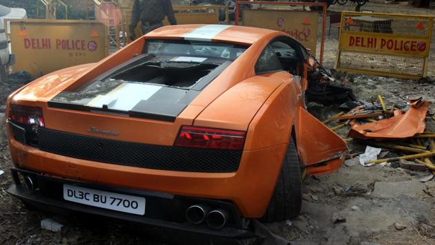 The Lamborghini crash on South Delhi’s BRT Corridor had left the driver dead and another person injured on February 19, 2012.(HT FILE)