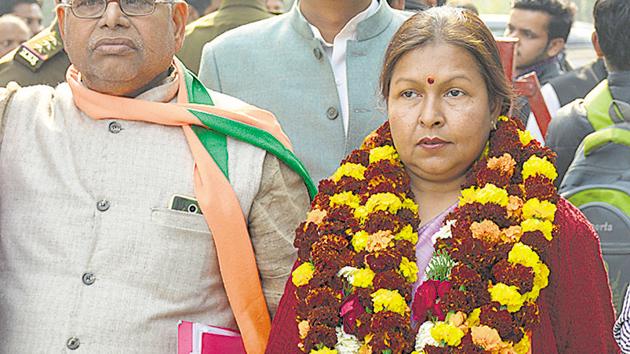 Dr Manju Shivach from the BJP filed her nomination for the Modi Nagar seat on Tuesday. (Sakib Ali/HT Photo) Dr Manju Shivach from the BJP filed her nomination for the Modi Nagar seat on Tuesday. (Sakib Ali/HT Photo)