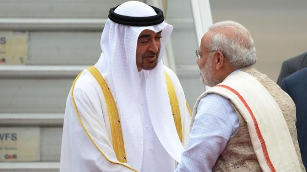 Prime Minister Narendra Modi welcomes the Crown Prince of Abu Dhabi and Deputy Supreme Commander of United Arab Emirates Armed Forces General Sheikh Mohammed Bin Zayed Al Nahyan (L) at the air force station in New Delhi on Tuesday. (AFP Photo) Prime Minister Narendra Modi welcomes the Crown Prince of Abu Dhabi and Deputy Supreme Commander of United Arab Emirates Armed Forces General Sheikh Mohammed Bin Zayed Al Nahyan (L) at the air force station in New Delhi on Tuesday. (AFP Photo)