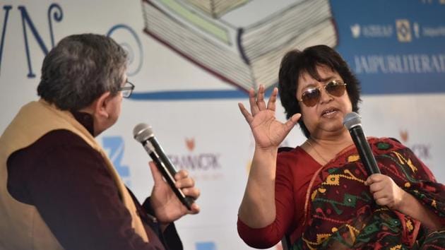L to R) Salil Tripathi, Taslima Nasreen speak at the Jaipur Literature Fest 2017 on Thursday.(Saumya Khandelwal/HT Photo)