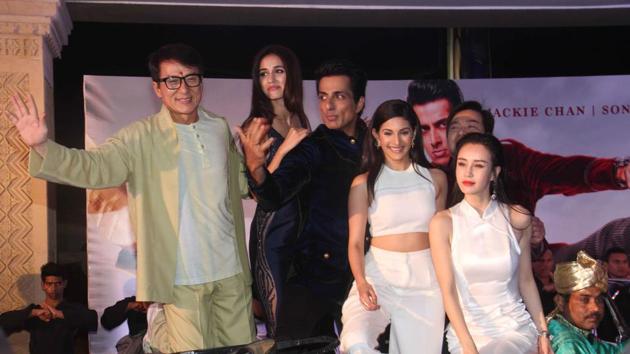Hollywood Actor Jackie Chan with Kung Fu Yoga co-stars in Mumbai. (Pramod Thakur/HT PHOTO)