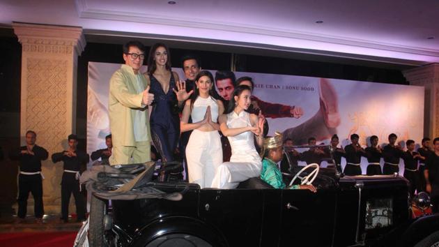 Hollywood Actor Jackie Chan with Kung Fu Yoga co-stars in Mumbai. (Pramod Thakur/HT PHOTO)