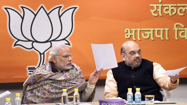 Prime Minister Narendra Modi and BJP president Amit Shah during the BJP central election committee (CEC) meeting for Manipur state elections at BJP headquarters in New Delhi on January 17. (PTI) Prime Minister Narendra Modi and BJP president Amit Shah during the BJP central election committee (CEC) meeting for Manipur state elections at BJP headquarters in New Delhi on January 17. (PTI)