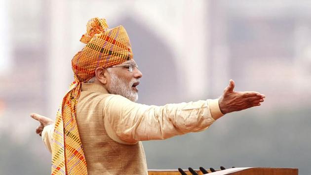 Prime Minister Narendra Modi at the Red Fort on the occasion of 69th Independence Day celebrations in New Delhi. Neither the national capital nor Delhi’s Red Fort have any special place in it beyond tradition. Freedom belongs equally to residents of the smallest village in Meghalaya or Kerala.(Ajay Aggarwal/HT)