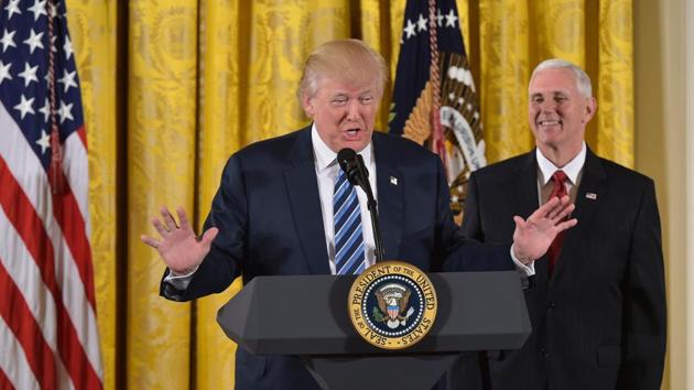 US President Donald Trump speaks before the swearing in of the White House senior staff at the White House. (AFP Photo) US President Donald Trump speaks before the swearing in of the White House senior staff at the White House. (AFP Photo)