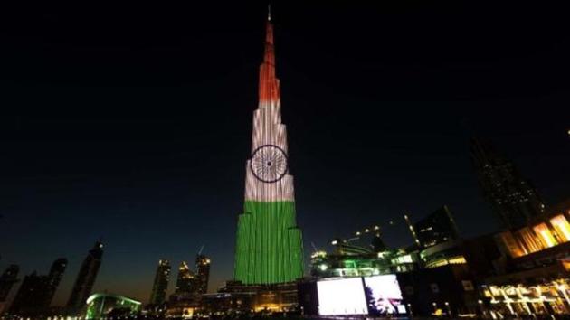 World’s tallest building Burj Khalifa lit up in tricolour to celebrate India’s 68th Republic Day, in Dubai on Wednesday. World’s tallest building Burj Khalifa lit up in tricolour to celebrate India’s 68th Republic Day, in Dubai on Wednesday.