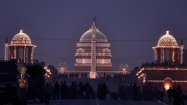 Rashtrapati Bhavan is illuminated with lights ahead of the 68th Republic Day Parade at Rajpath in New Delhi. (Ravi Choudhary/HT PHOTO) Rashtrapati Bhavan is illuminated with lights ahead of the 68th Republic Day Parade at Rajpath in New Delhi. (Ravi Choudhary/HT PHOTO)