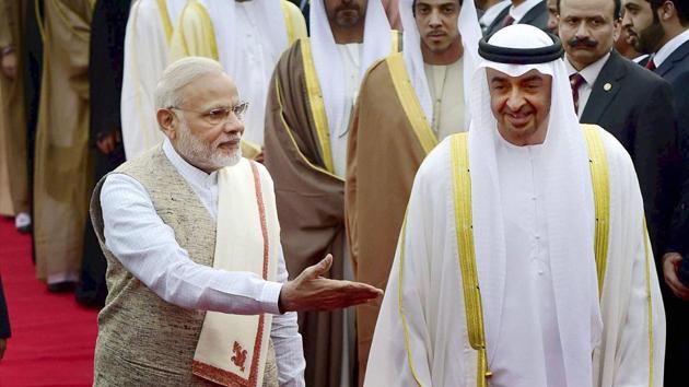 Prime Minister Narendra Modi welcomes Sheikh Mohammed Bin Zayed, crown prince of Abu Dhabi and deputy supreme commander of the armed forces, upon his arrival on a state visit to India, at AFS Palam in New Delhi on Tuesday. The Crown Prince is the chief guest at India's Republic Day celebrations.(PTI)