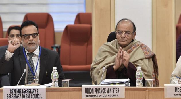 New Delhi: Union Minister for Finance and Corporate Affairs, Arun Jaitley with MoS for Finance, Santosh Kumar Gangwar at Vigyan Bhawan at the ninth GST Council Meeting in New Delhi.(PTI file)