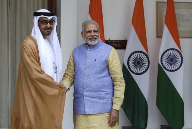 Prime Minister Narendra Modi shakes hand with Abu Dhabi's Crown Prince Sheikh Mohammed bin Zayed Al Nahyan before their meeting in New Delhi on Wednesday. (AP) Prime Minister Narendra Modi shakes hand with Abu Dhabi's Crown Prince Sheikh Mohammed bin Zayed Al Nahyan before their meeting in New Delhi on Wednesday. (AP)