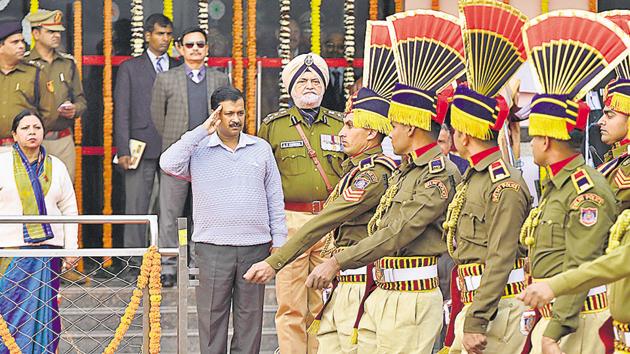 Chief Minister Arvind Kejriwal during the Republic Day celebrations at Chhatrasal Stadium on Wednesday.(Sushil Kumar/Hindustan Times)