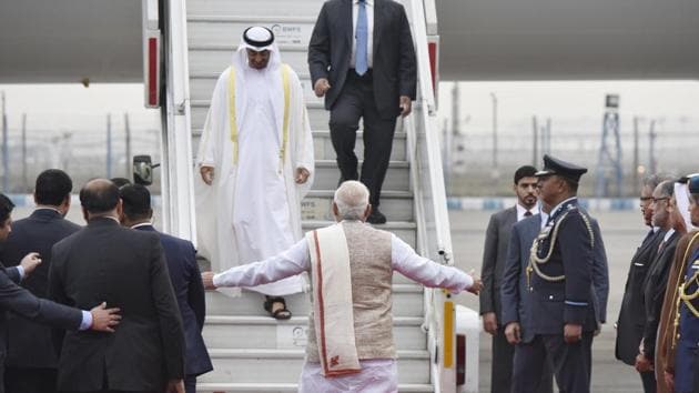 Prime Minister Narendra Modi greets Sheikh Mohammed bin Zayed Al Nahyan, Crown Prince of Abu Dhabi and Deputy Supreme Commander of the Armed Forces, upon his arrival on a state visit to India, at AFS Palam in New Delhi on Tuesday.(Vipin Kumar/Hindustan Times)